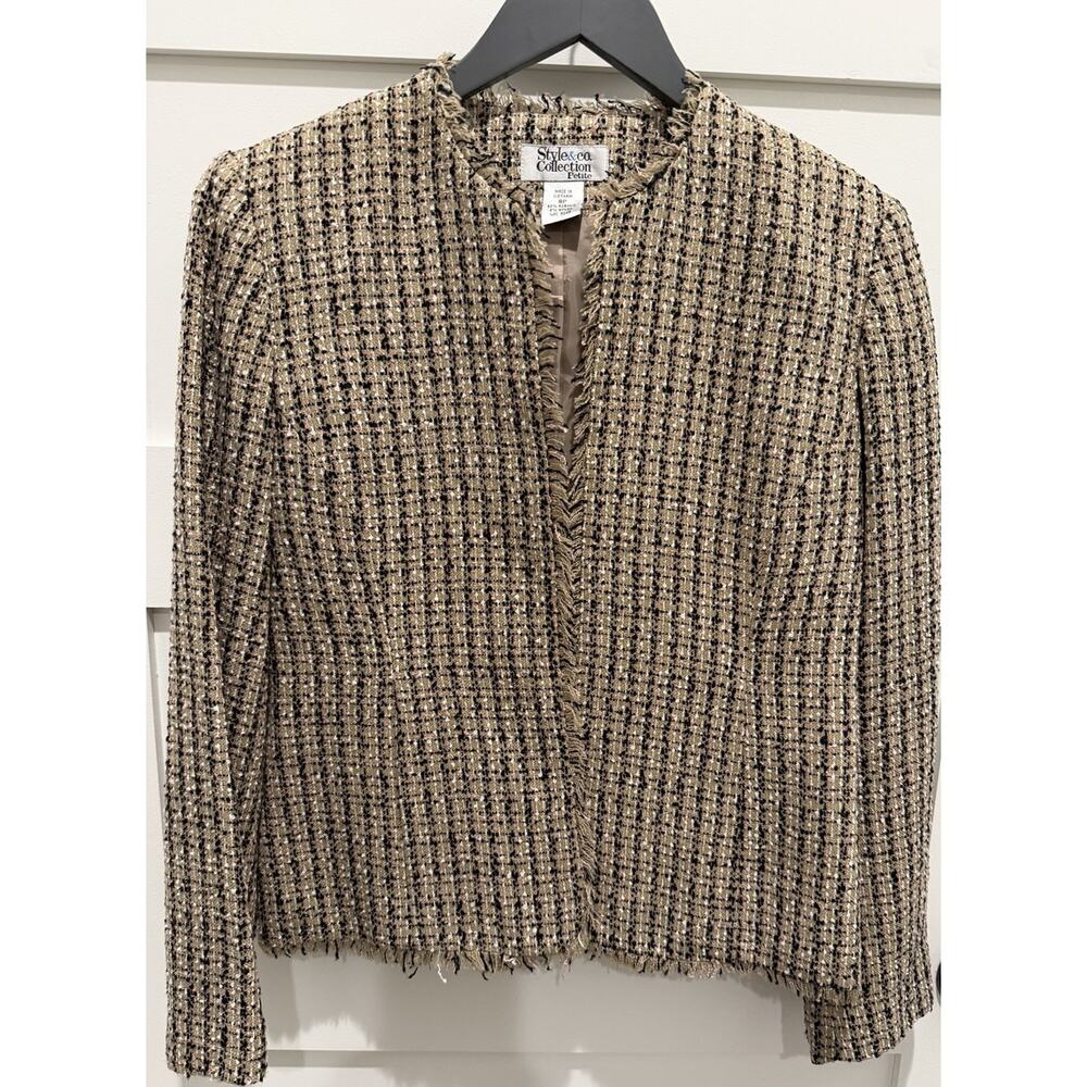 Style & Company Women's 8P Tan Black Pink White Tweed Blazer Jacket Frayed